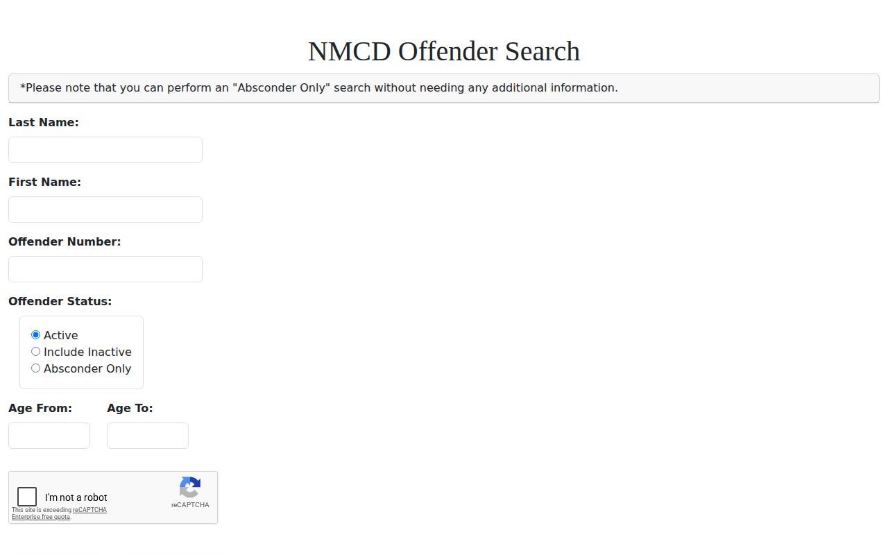 NMCD Hidalgo County release search with Include Inactive option